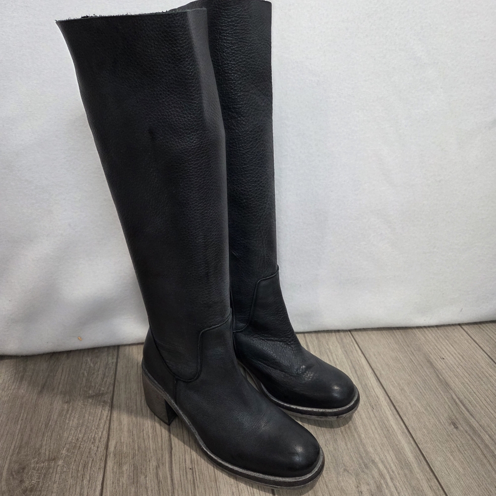 FREE PEOPLE Essential Boots 36 / 6 Washed Out Black Leather Tall Block Heel Boho - Picture 8 of 16